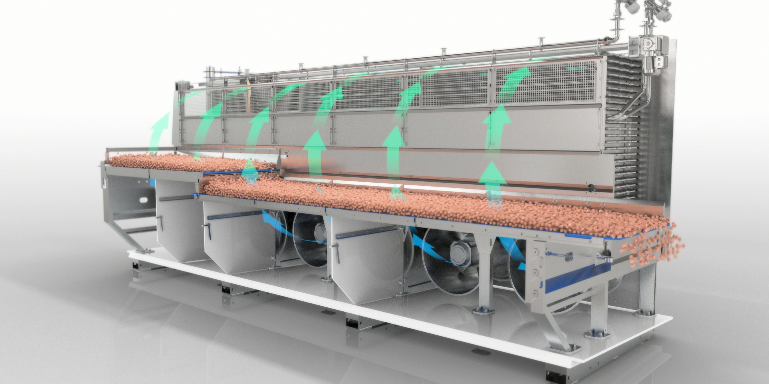 An industrial chicken freezer with a cooling system that uses fans and airflow. The conveyor bedplates carry processed chicken pieces, with arrows indicating the direction of the airflow from the fans below the bedplate to the cooling unit above.