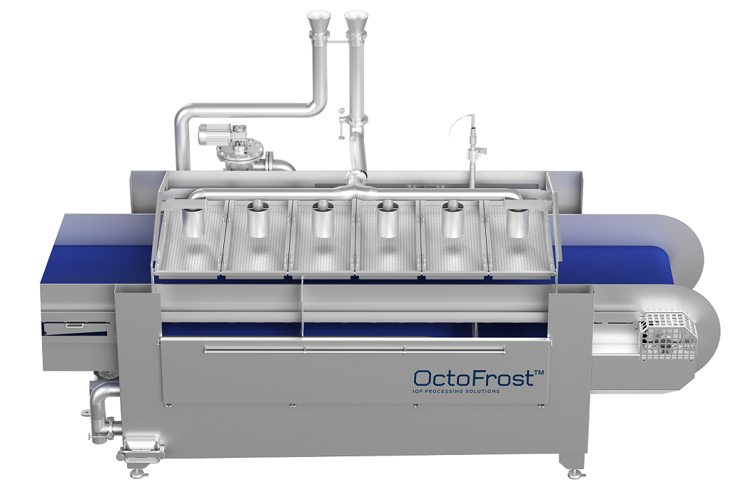Front view of an OctoFrost IQF chiller machine, showcasing a sleek stainless steel design with multiple inspection hatches, blue conveyor belts, and integrated piping. The OctoFrost logo is visible on the front panel of the equipment.